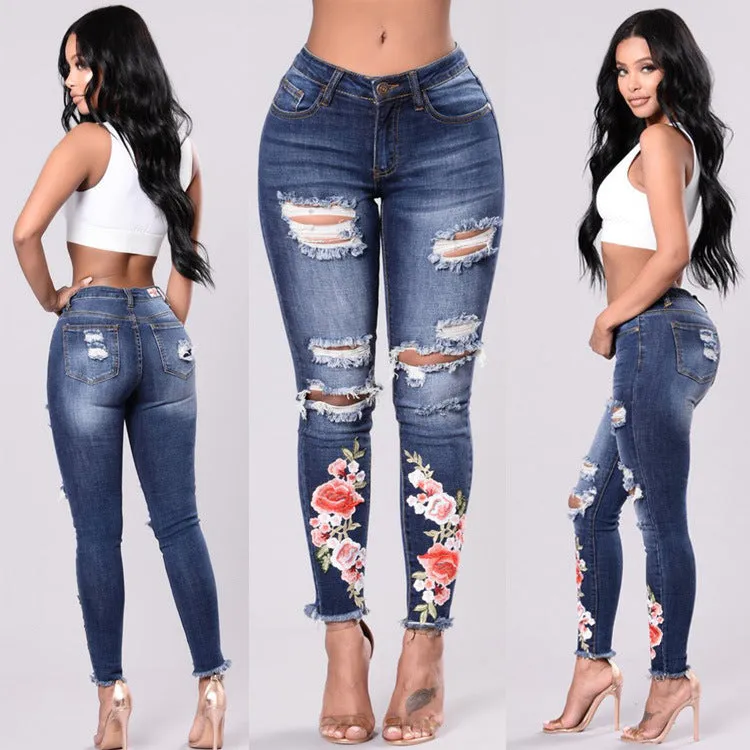 3Xl summer woman ripped Jeans With Embroidery hole Sexy High Waist Denim stretch plus size Pencil Pants High Street