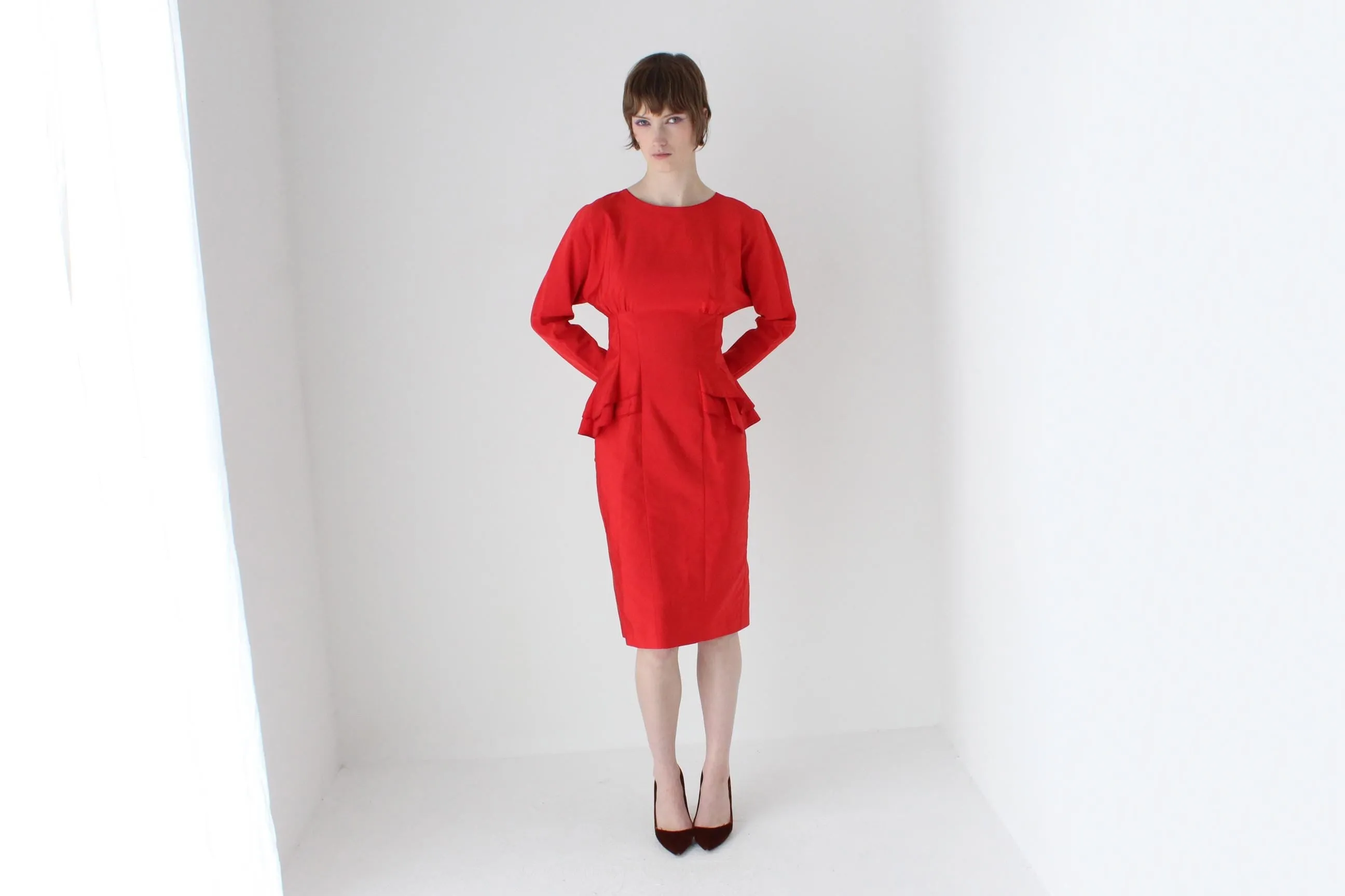 80s Prue Acton Woven Silk Peplum Cocktail Dress