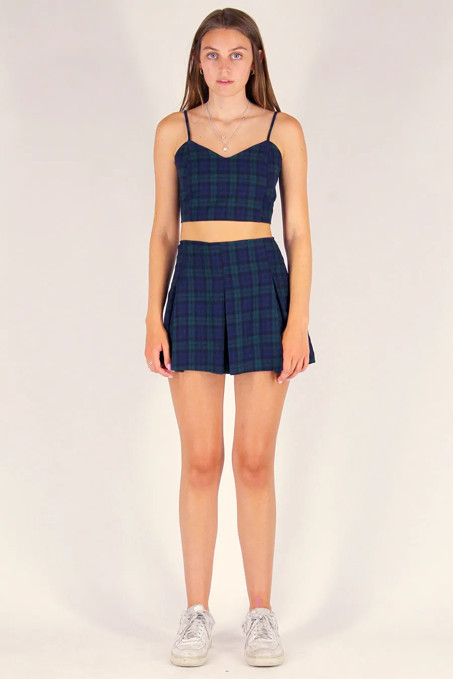 Adjustable Cami Top and Pleated Skirt - Flannel Navy Green Plaid