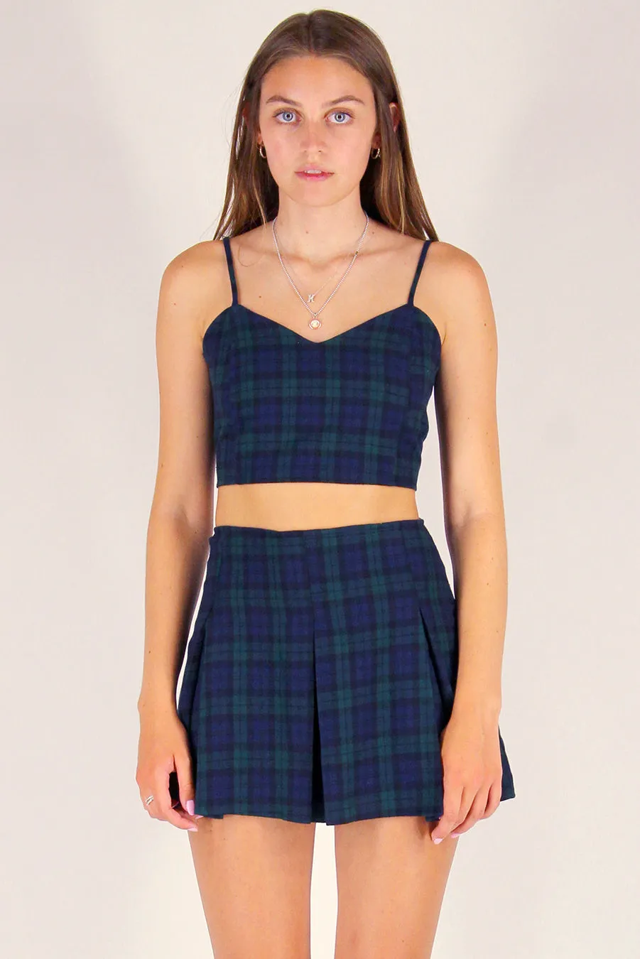 Adjustable Cami Top and Pleated Skirt - Flannel Navy Green Plaid