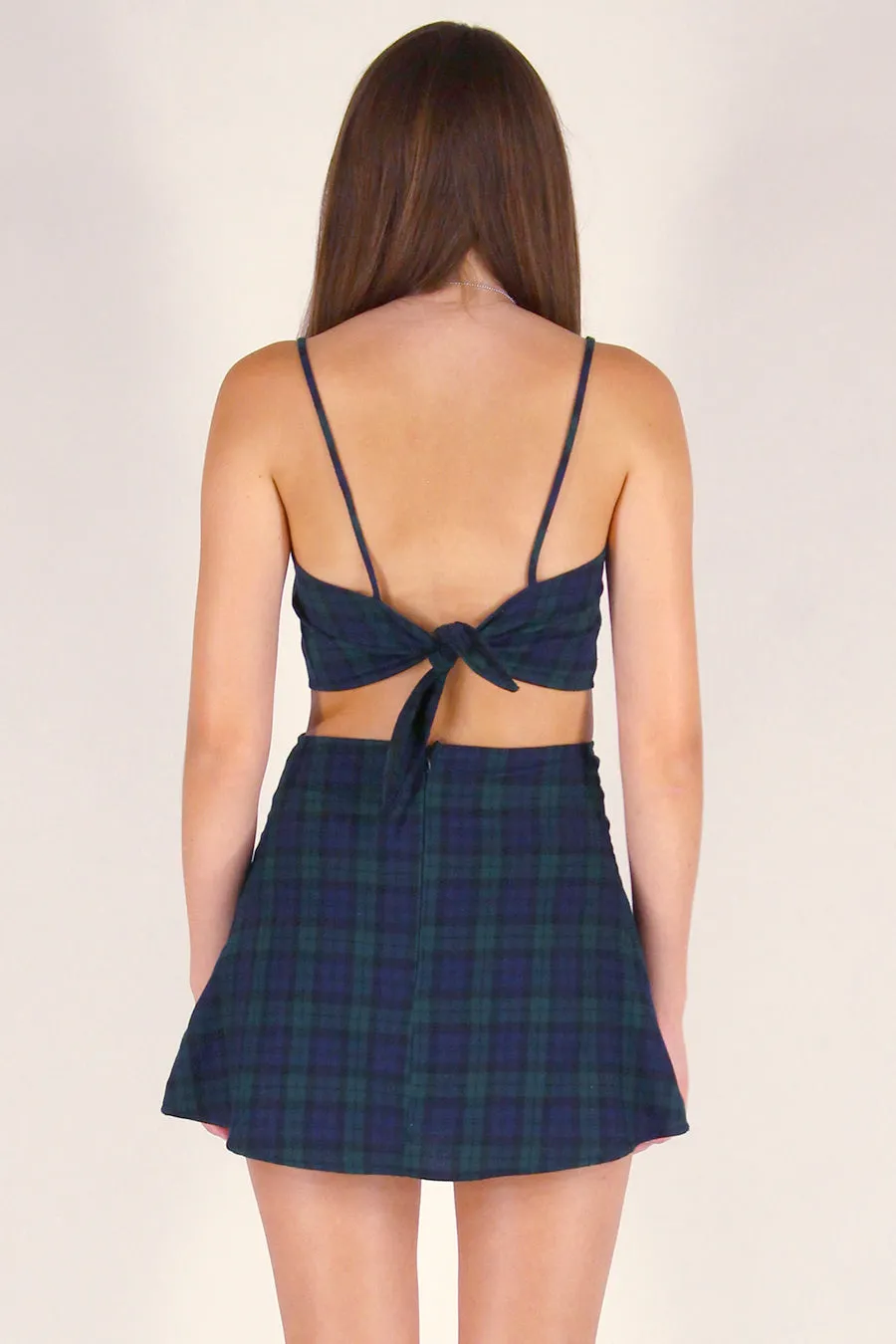 Adjustable Cami Top and Pleated Skirt - Flannel Navy Green Plaid