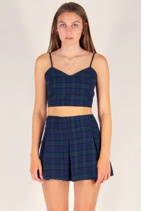 Adjustable Cami Top and Pleated Skirt - Flannel Navy Green Plaid
