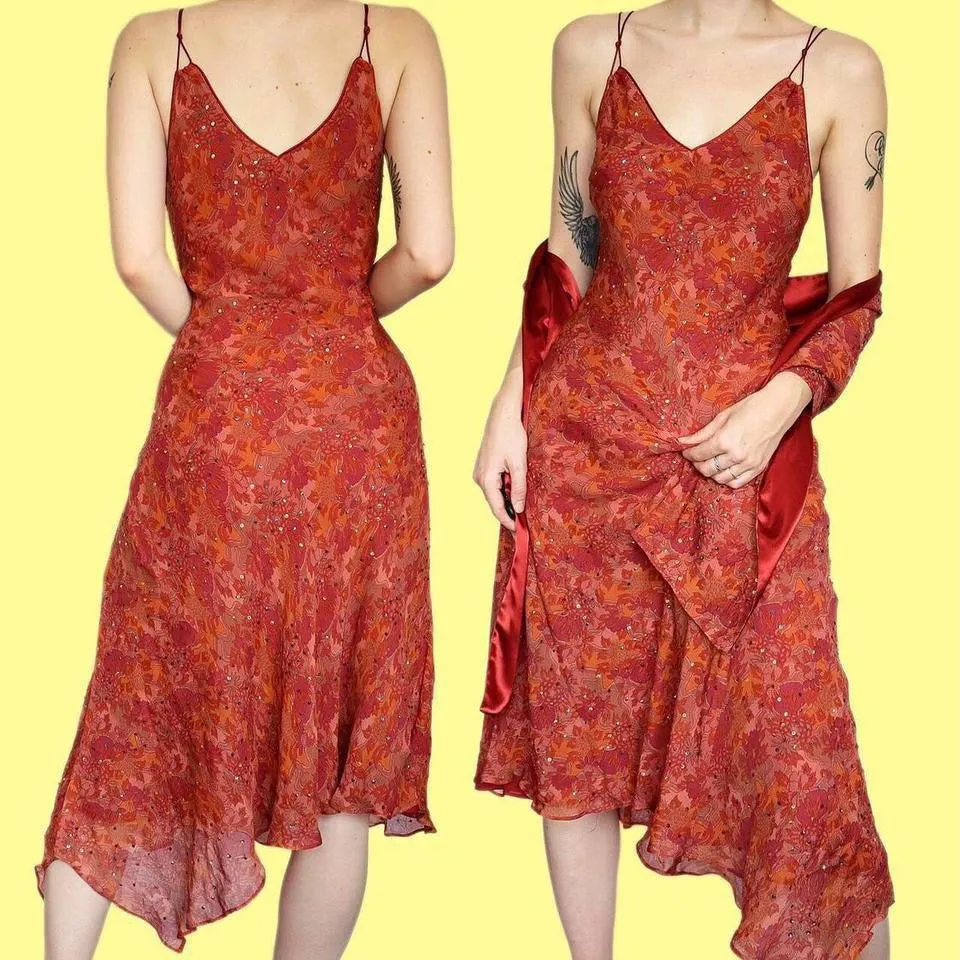 Autumnal 100% silk midi dress & shawl UK 14