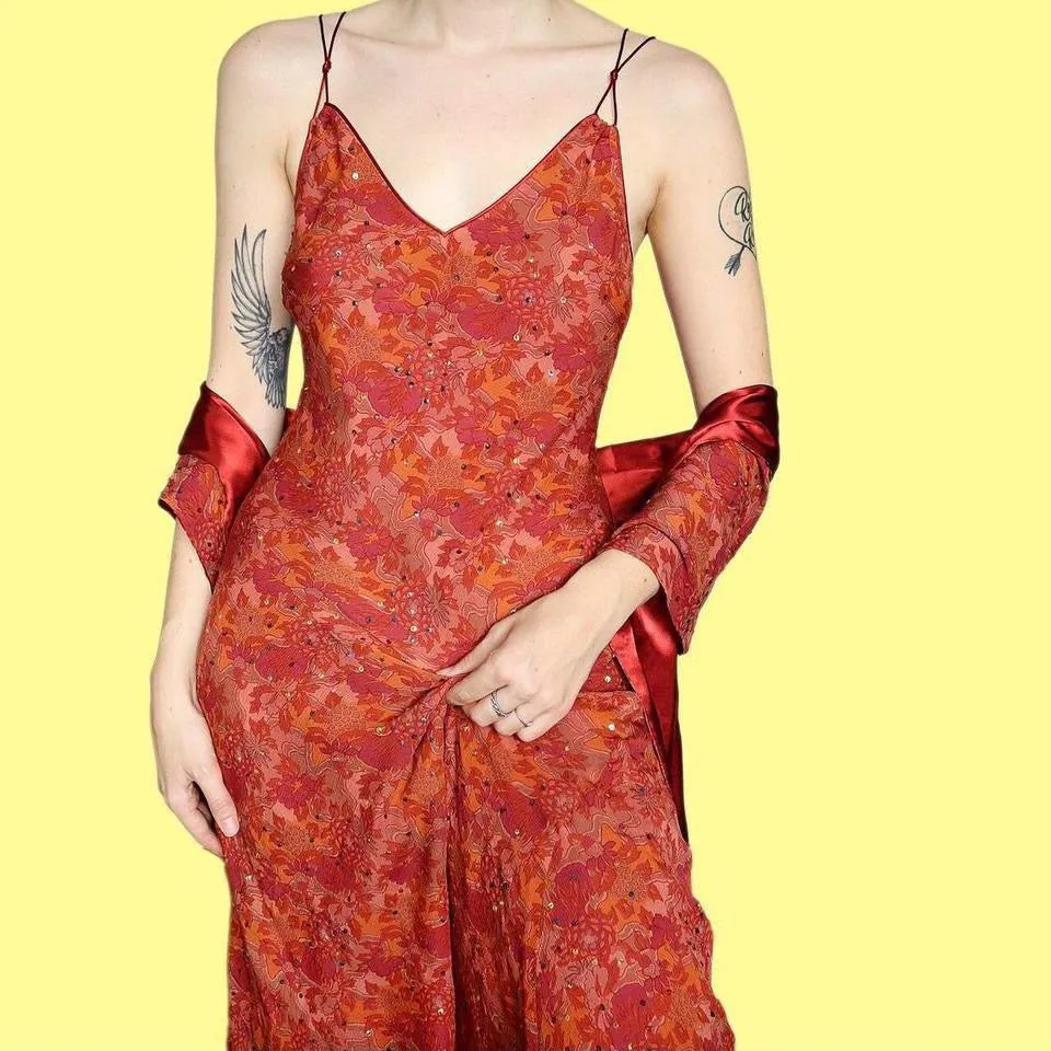Autumnal 100% silk midi dress & shawl UK 14