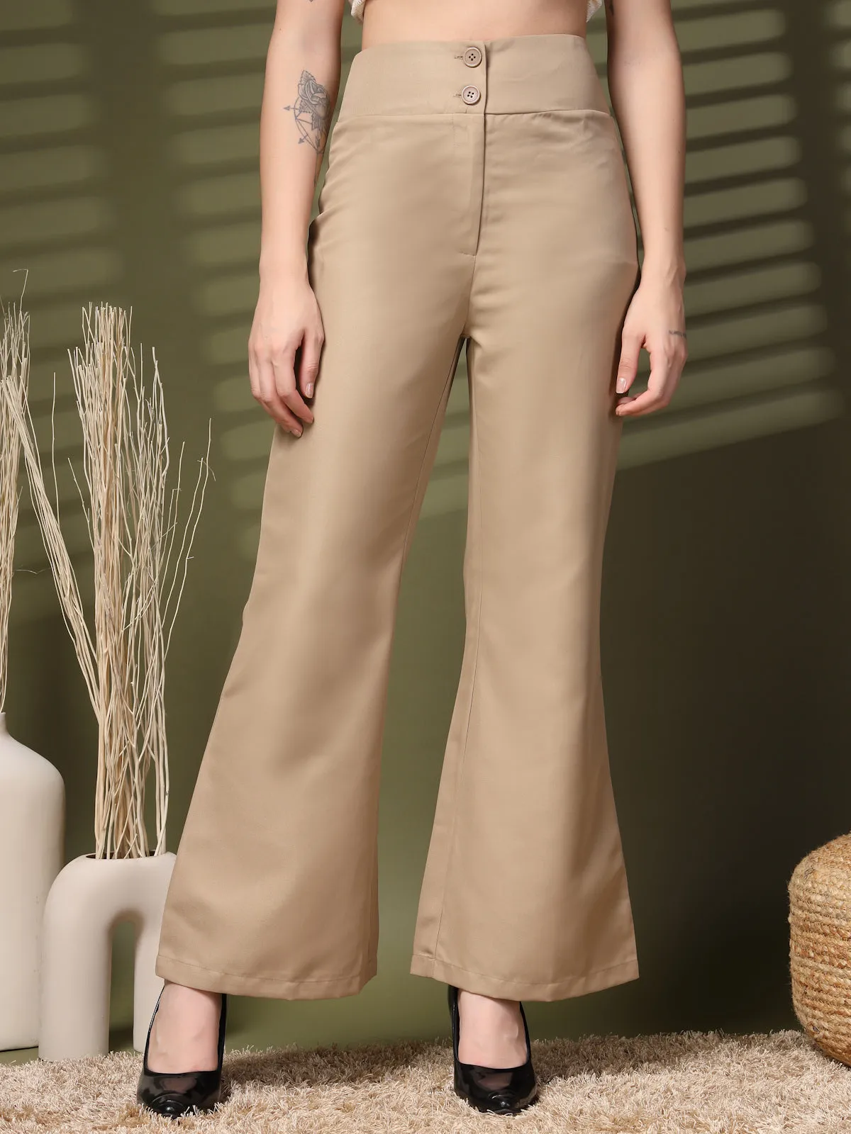 Beige Solid Regular Trousers Women Loose Fit Trousers