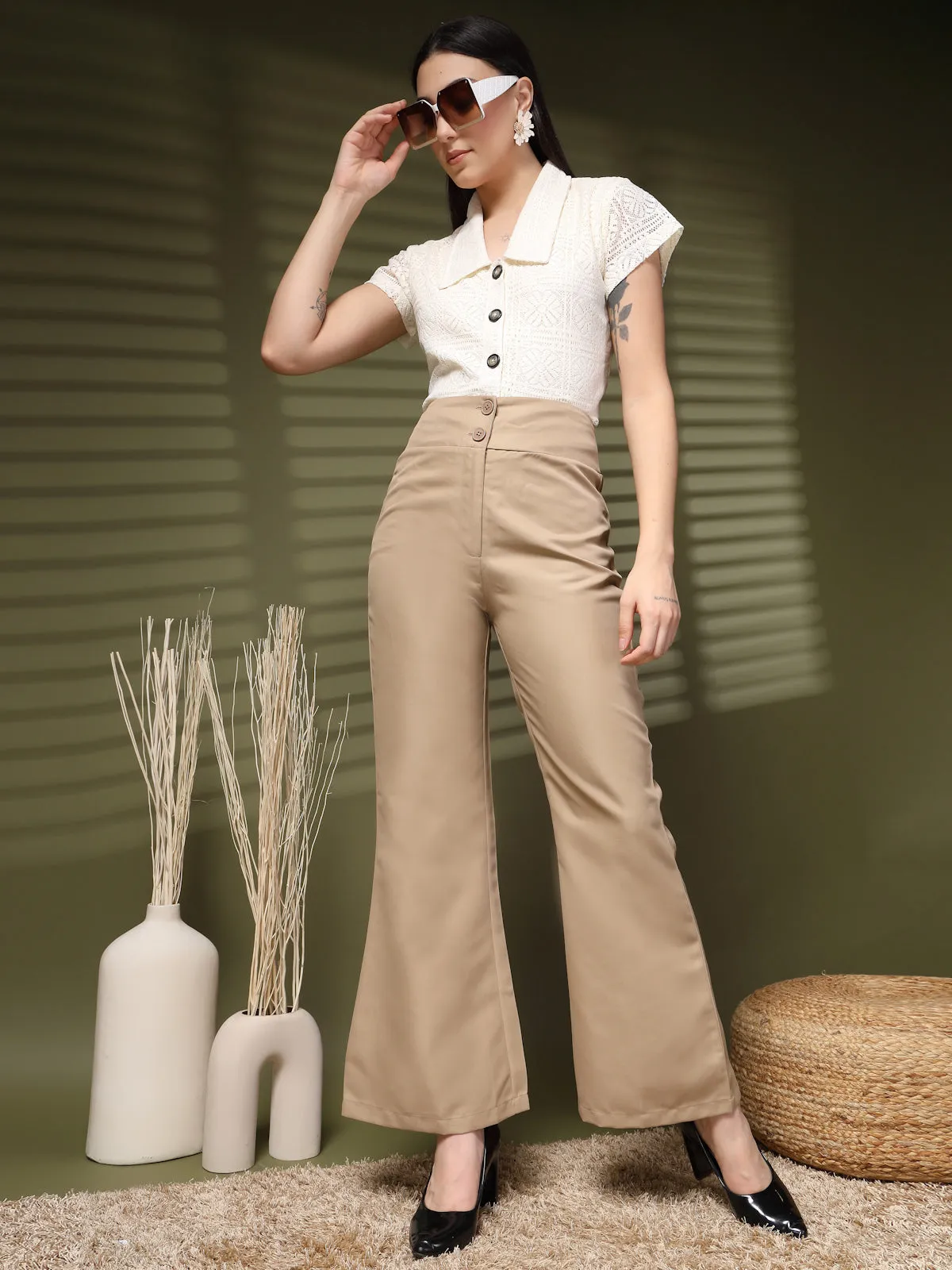 Beige Solid Regular Trousers Women Loose Fit Trousers