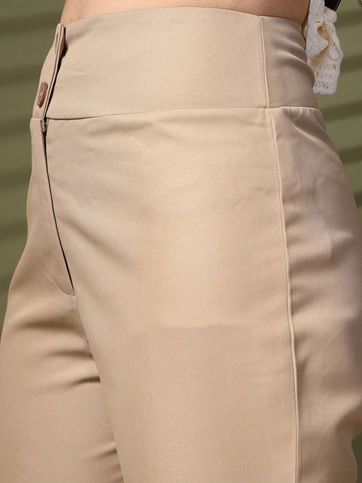 Beige Solid Regular Trousers Women Loose Fit Trousers