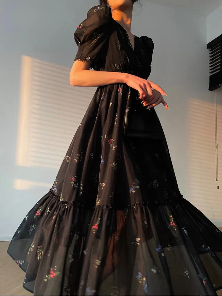 Black Floral Midi Dress Summer