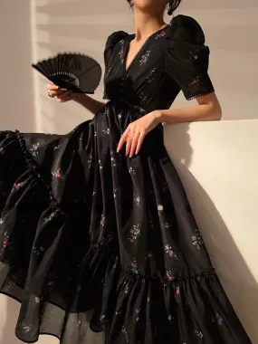 Black Floral Midi Dress Summer