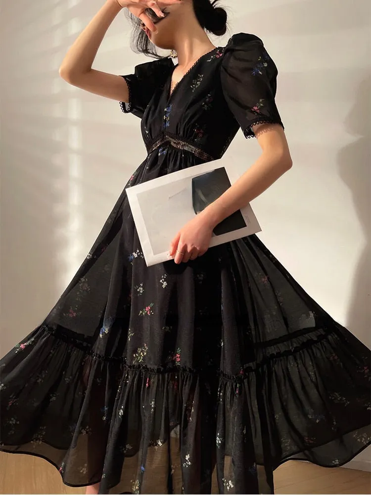 Black Floral Midi Dress Summer