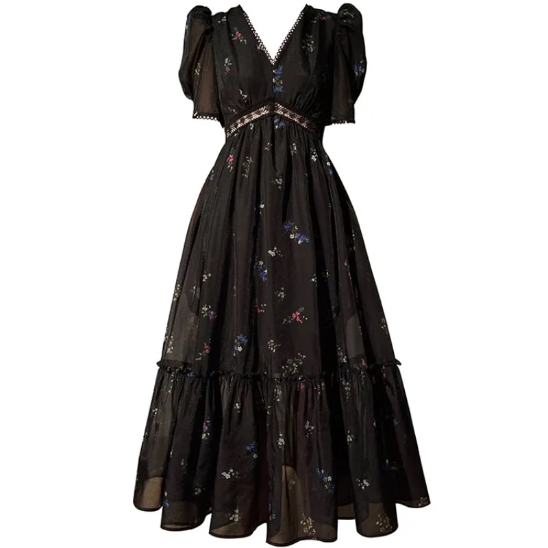 Black Floral Midi Dress Summer