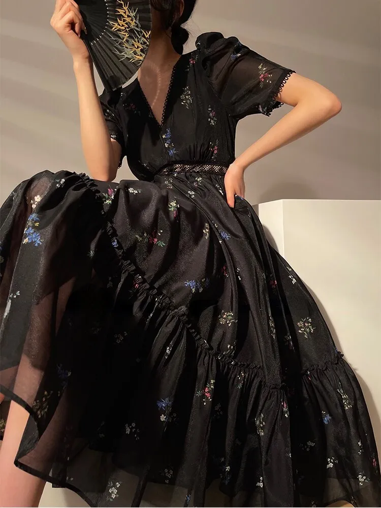 Black Floral Midi Dress Summer