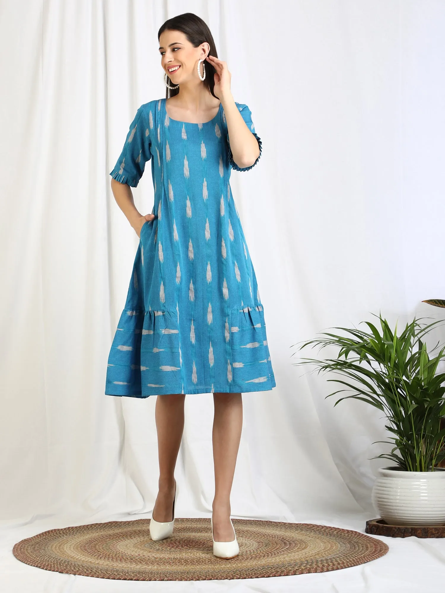 Blue Ikat Cotton 'Vivid' Midi Dress