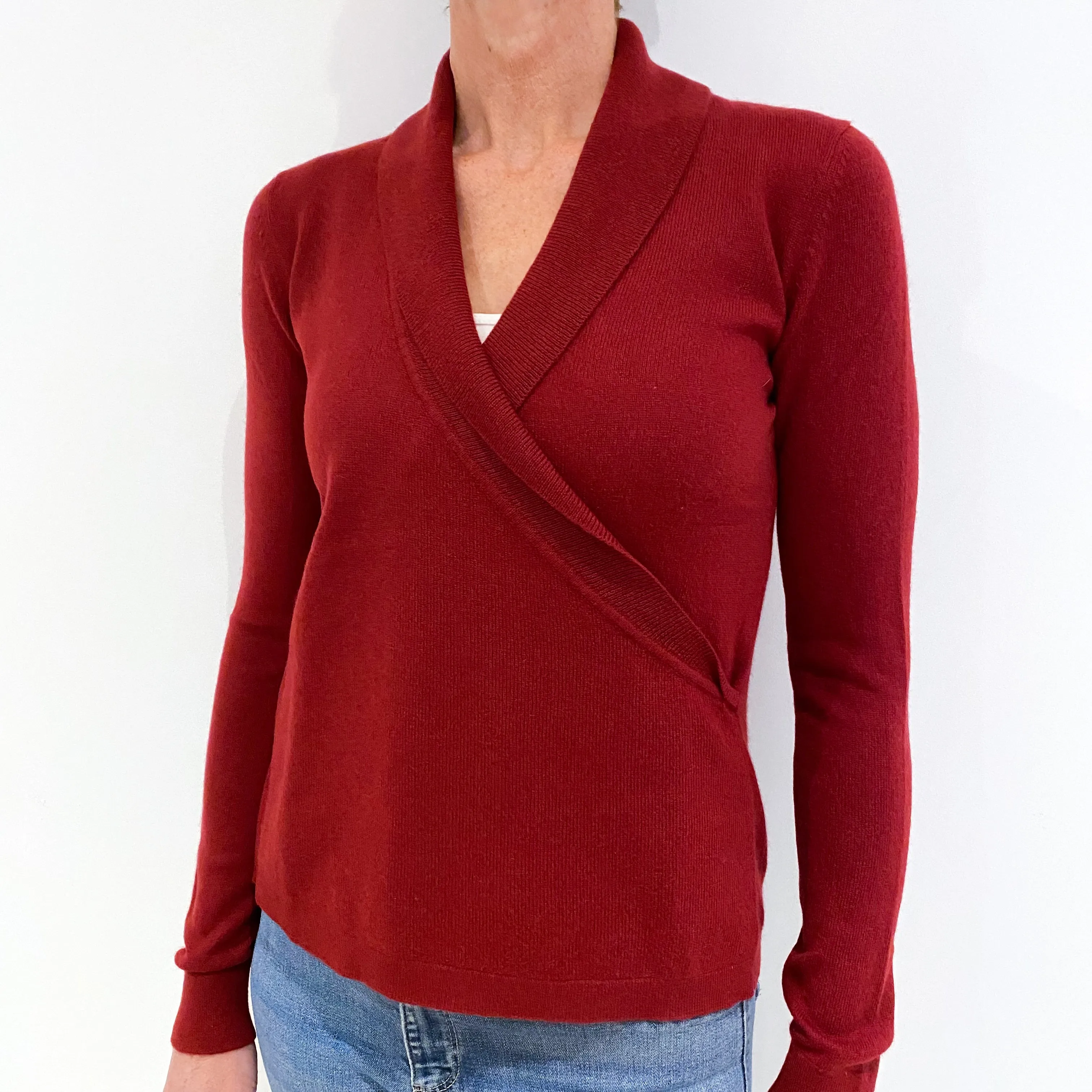 Burgundy Red Cashmere Cross-over Collared Jumper Small