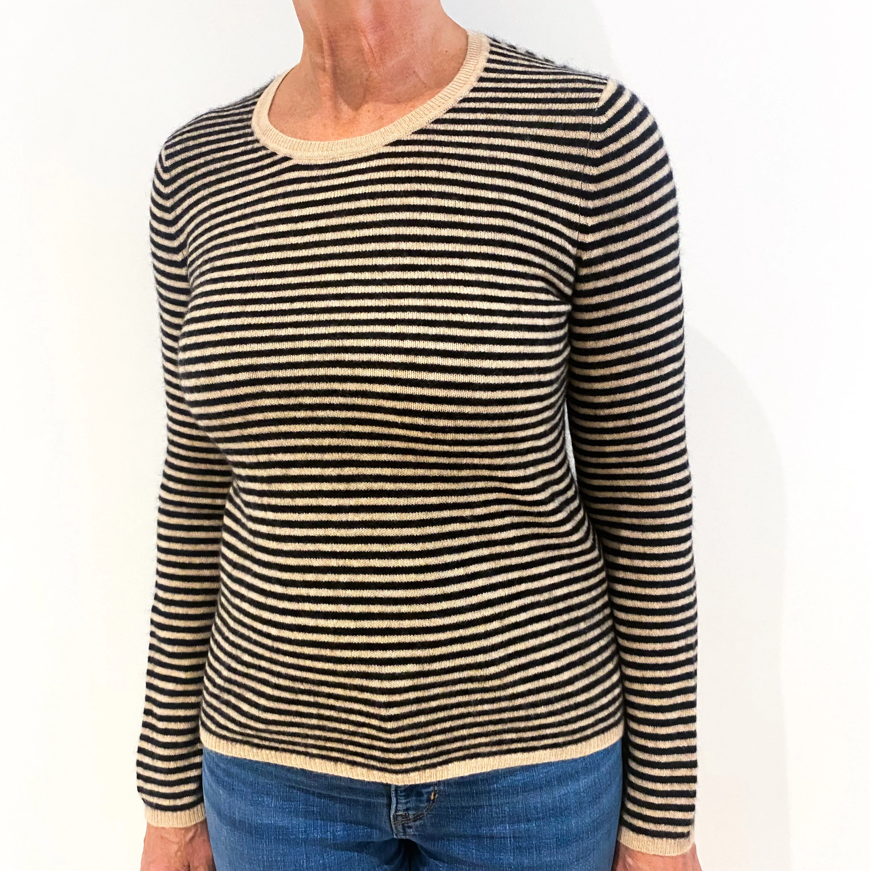 Caramel Black Stripe Cashmere Crew Neck Jumper Medium