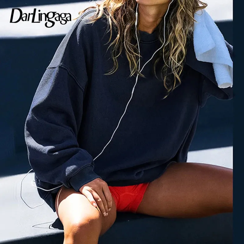 Casual Oversized Solid Sweatshirt For Women Street Style Autumn Pullover Top Minimalist Sporty Chic Hoodies Crew Neck