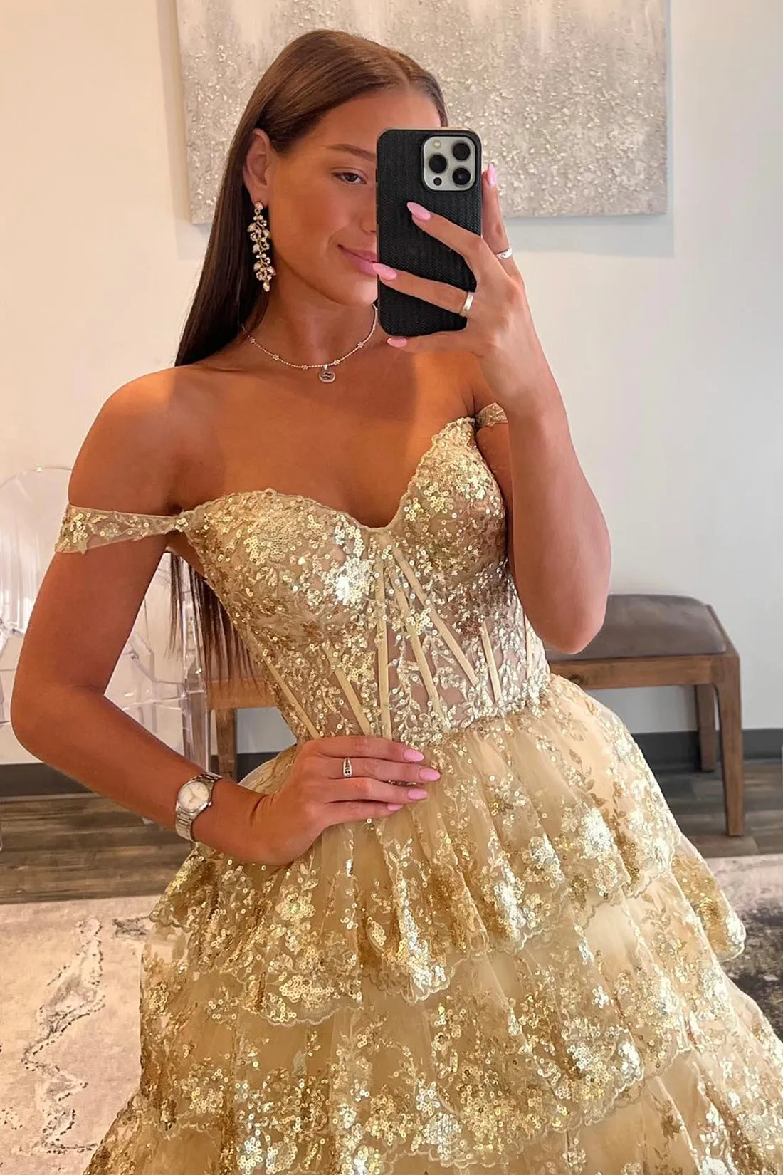 Champagne Tulle Sequins Long Prom Dress, Off the Shoulder Evening Party Gown