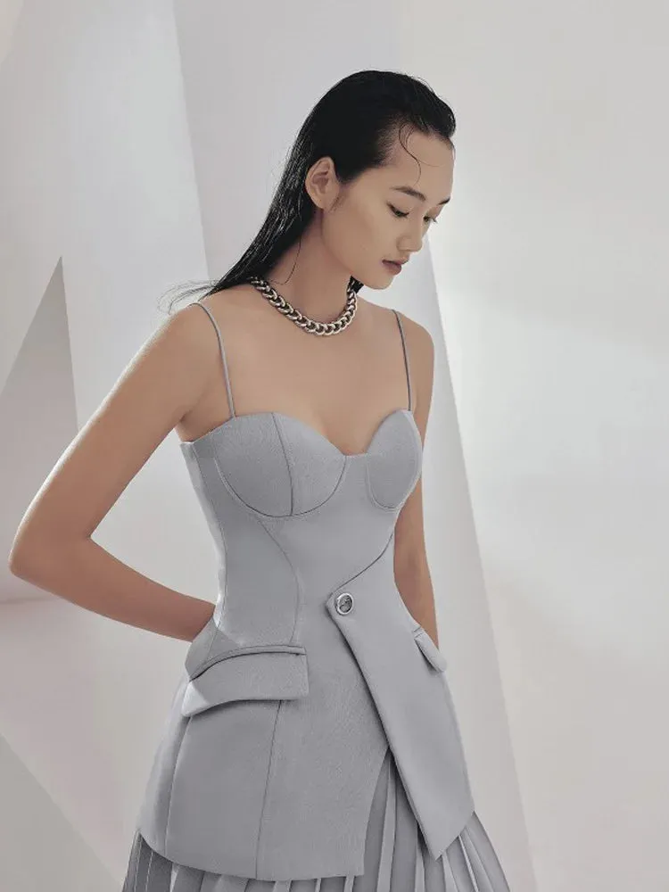 Chest Wrapping Asymmetric Slim Tops Pleated Zipper Mid Skirt Set