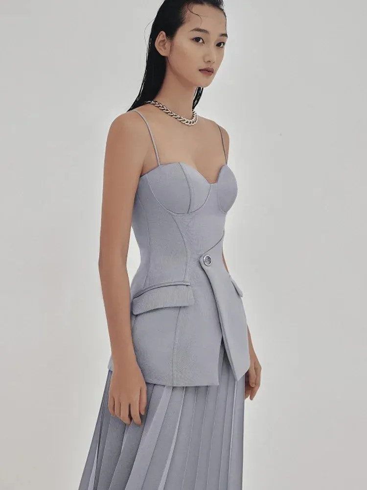 Chest Wrapping Asymmetric Slim Tops Pleated Zipper Mid Skirt Set