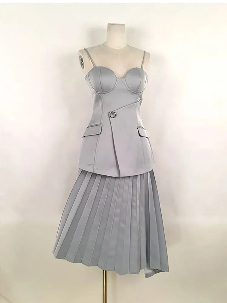 Chest Wrapping Asymmetric Slim Tops Pleated Zipper Mid Skirt Set