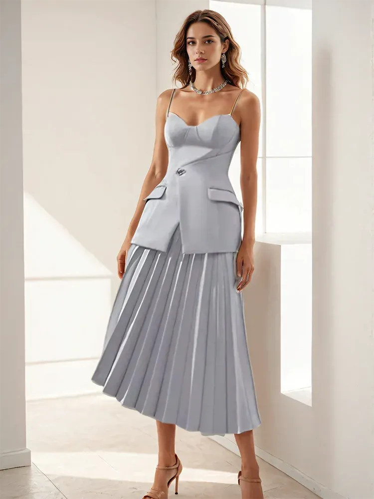 Chest Wrapping Asymmetric Slim Tops Pleated Zipper Mid Skirt Set
