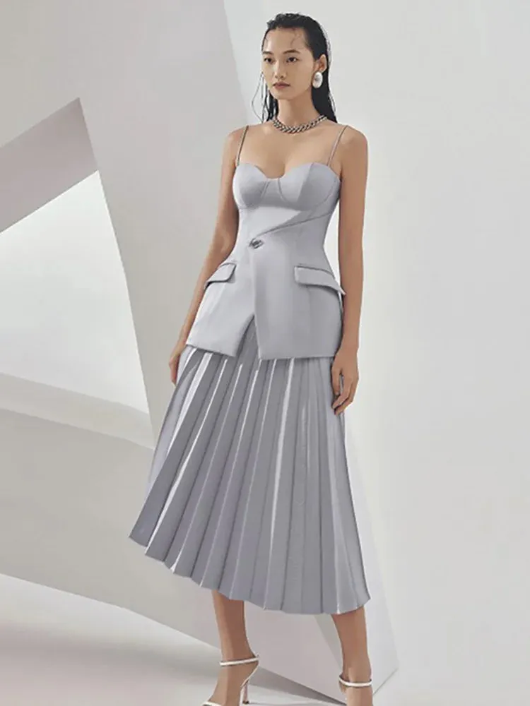 Chest Wrapping Asymmetric Slim Tops Pleated Zipper Mid Skirt Set