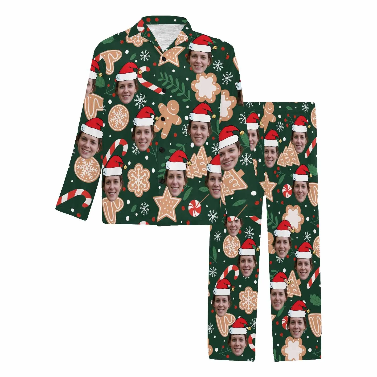 Custom Face Pajamas Cookie Green Sleepwear Personalized Men's Long Pajama Set