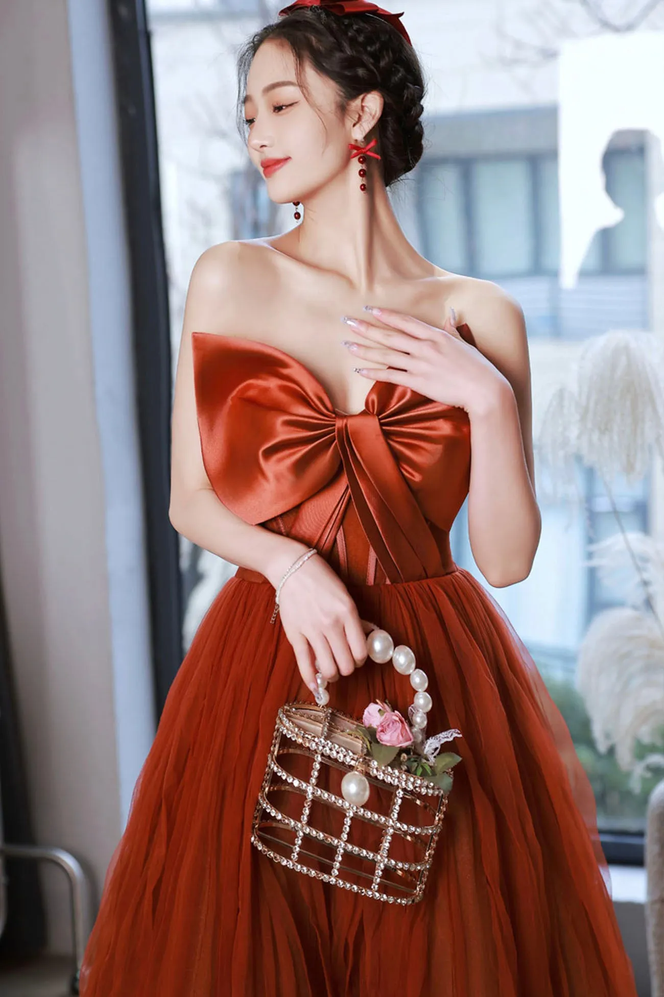 Cute Tulle Long Prom Dress with Bow, Strapless A-Line Evening Party Dress
