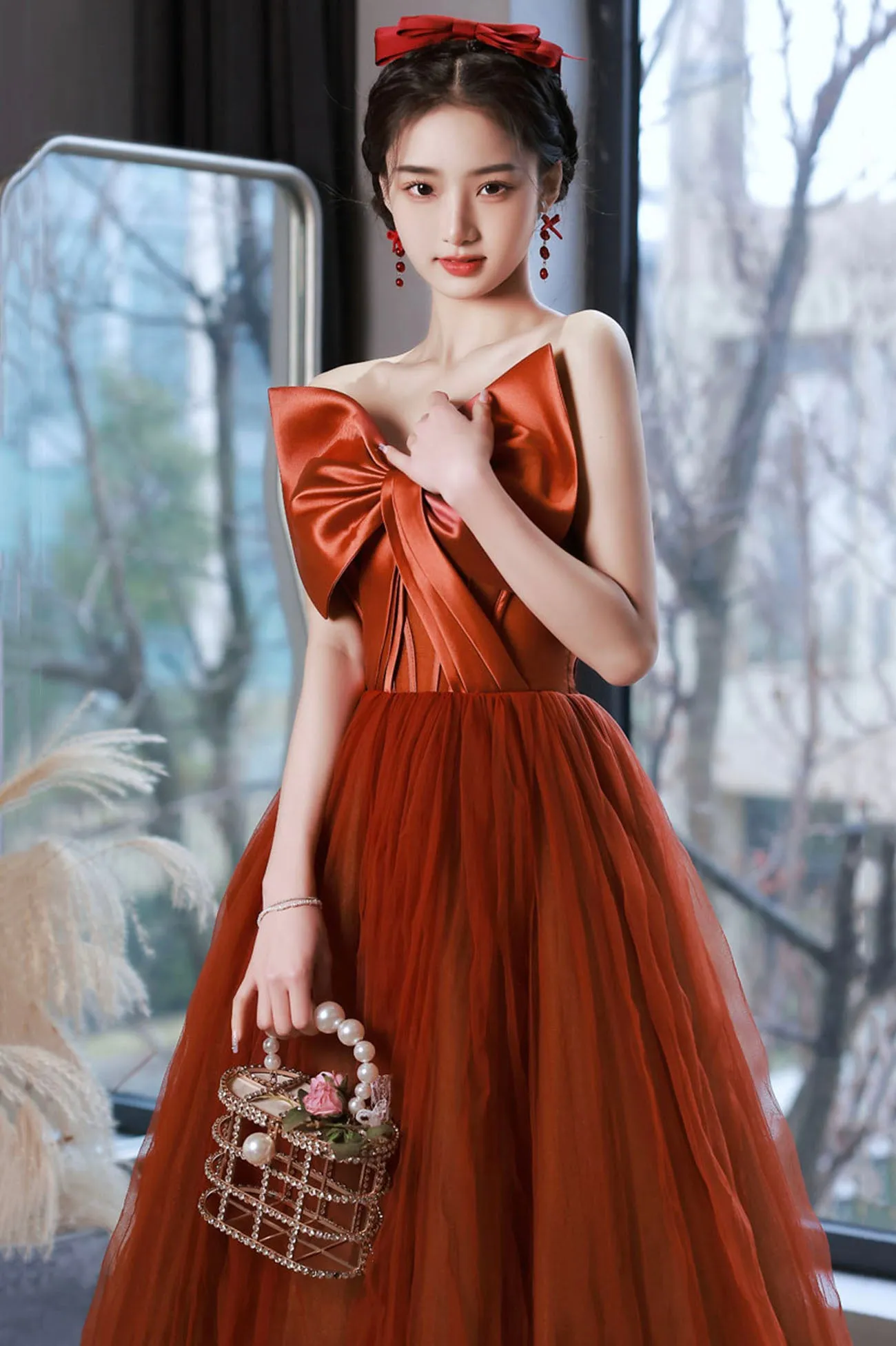 Cute Tulle Long Prom Dress with Bow, Strapless A-Line Evening Party Dress
