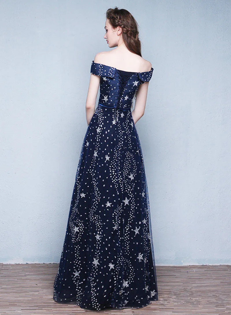 Dark Blue Tulle Sequins Long Prom Dress, Blue A-Line Off the Shoulder Evening Dress