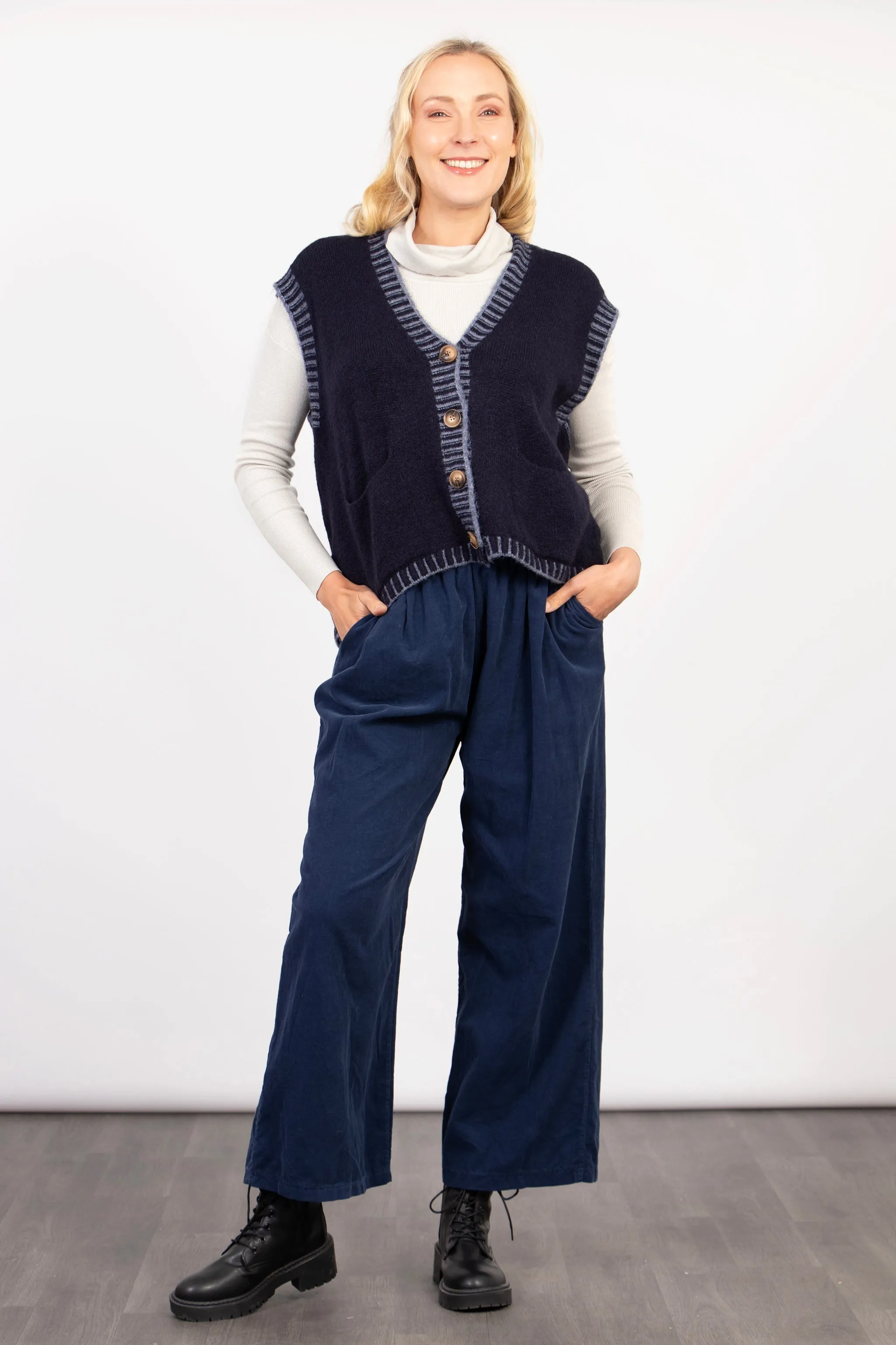 Della Wide Leg Cropped Trousers - Navy Blue, Babycord