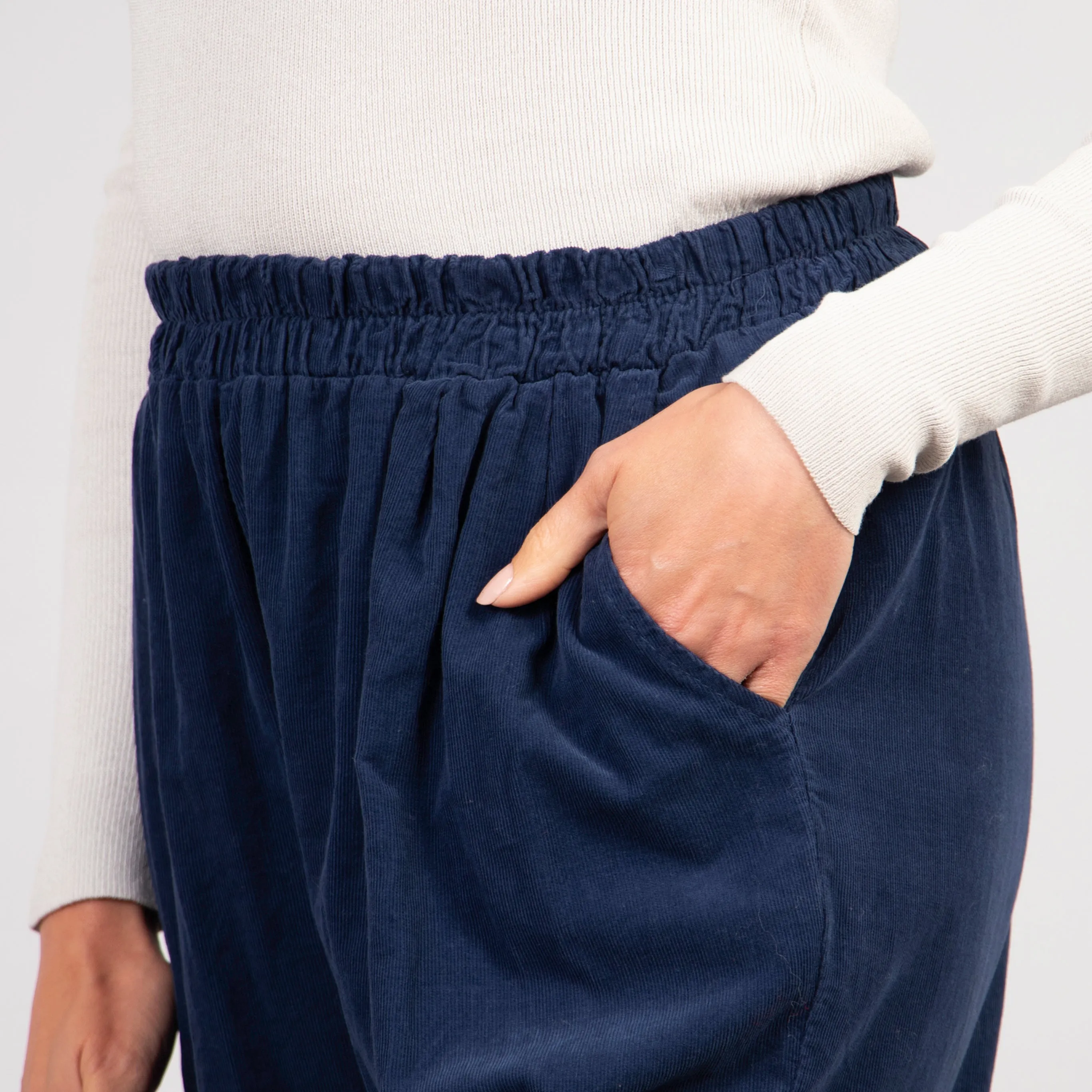 Della Wide Leg Cropped Trousers - Navy Blue, Babycord