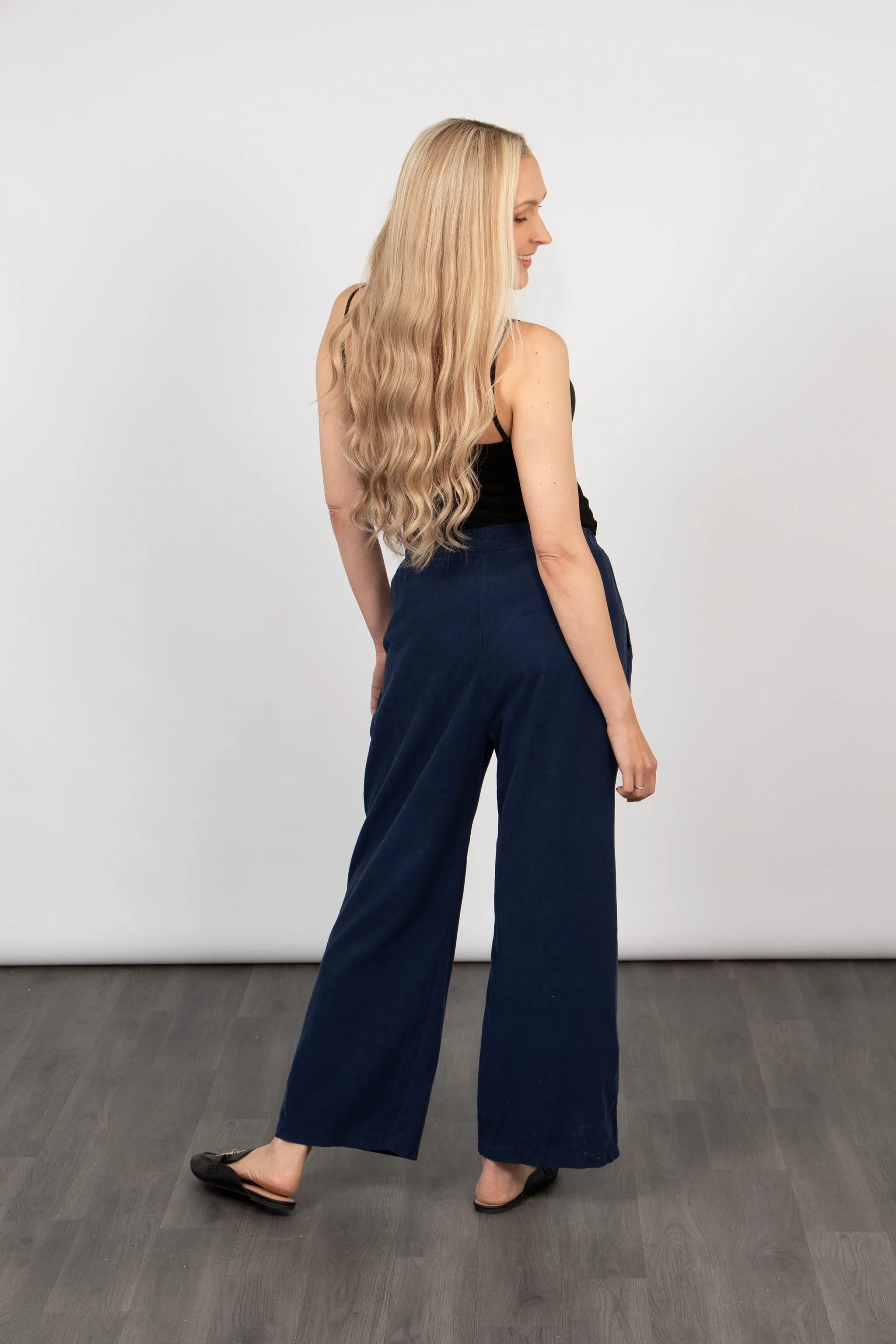 Della Wide Leg Cropped Trousers - Navy Blue, Babycord