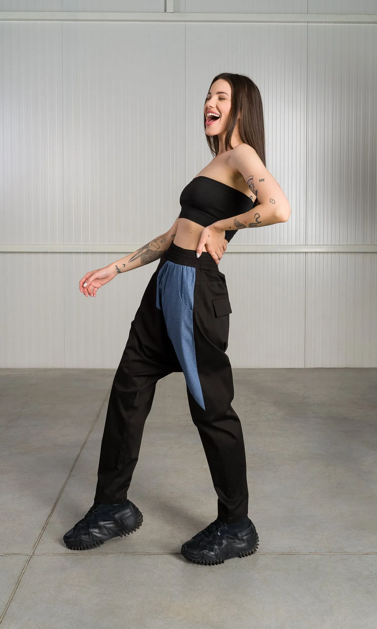 Drop Crotch Pants with Chambray Detail