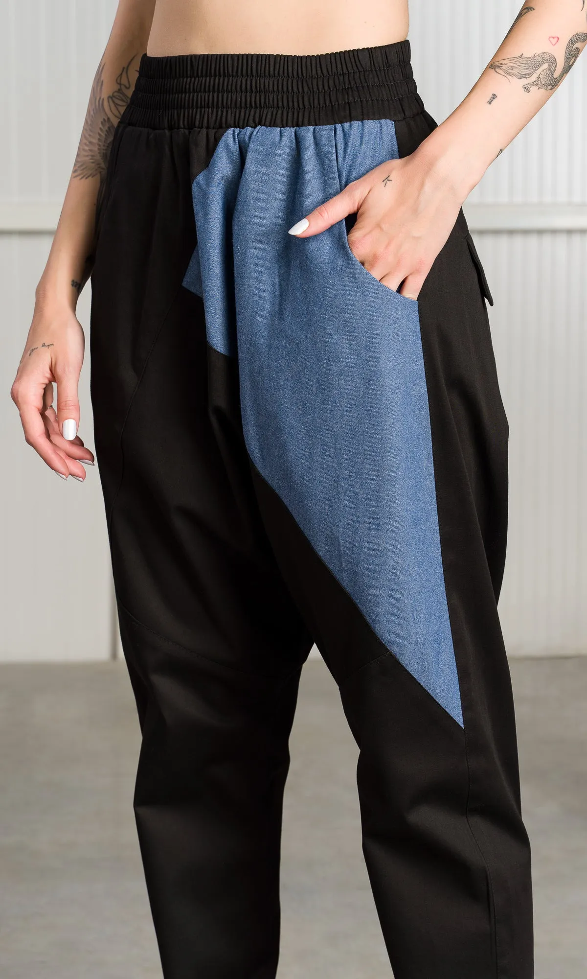 Drop Crotch Pants with Chambray Detail