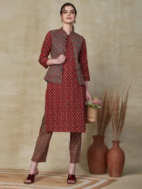 Ethnic Floral Printed Straight Kurta & Pant with Quilted Printed Jacket - Maroon
