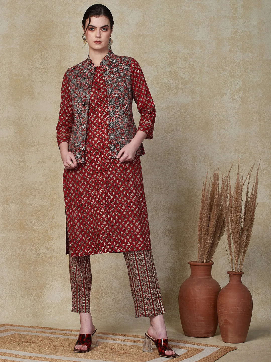 Ethnic Floral Printed Straight Kurta & Pant with Quilted Printed Jacket - Maroon