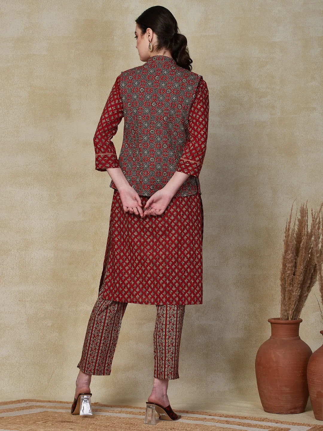 Ethnic Floral Printed Straight Kurta & Pant with Quilted Printed Jacket - Maroon