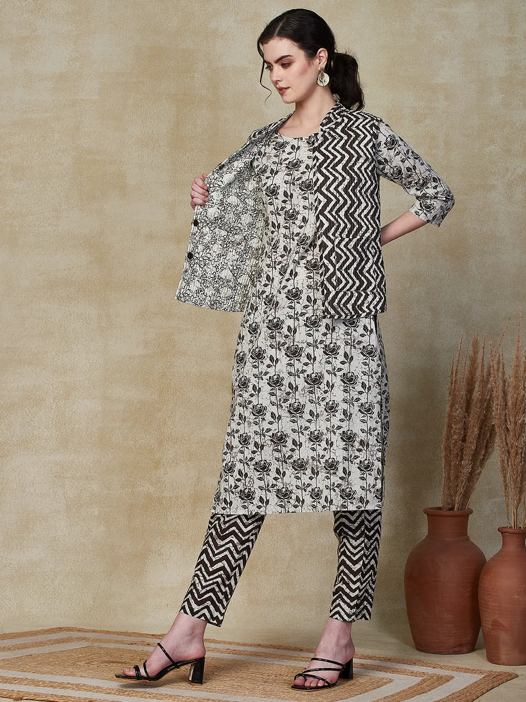 Ethnic Floral Printed Straight Kurta & Pant with Quilted Printed Jacket - Off White