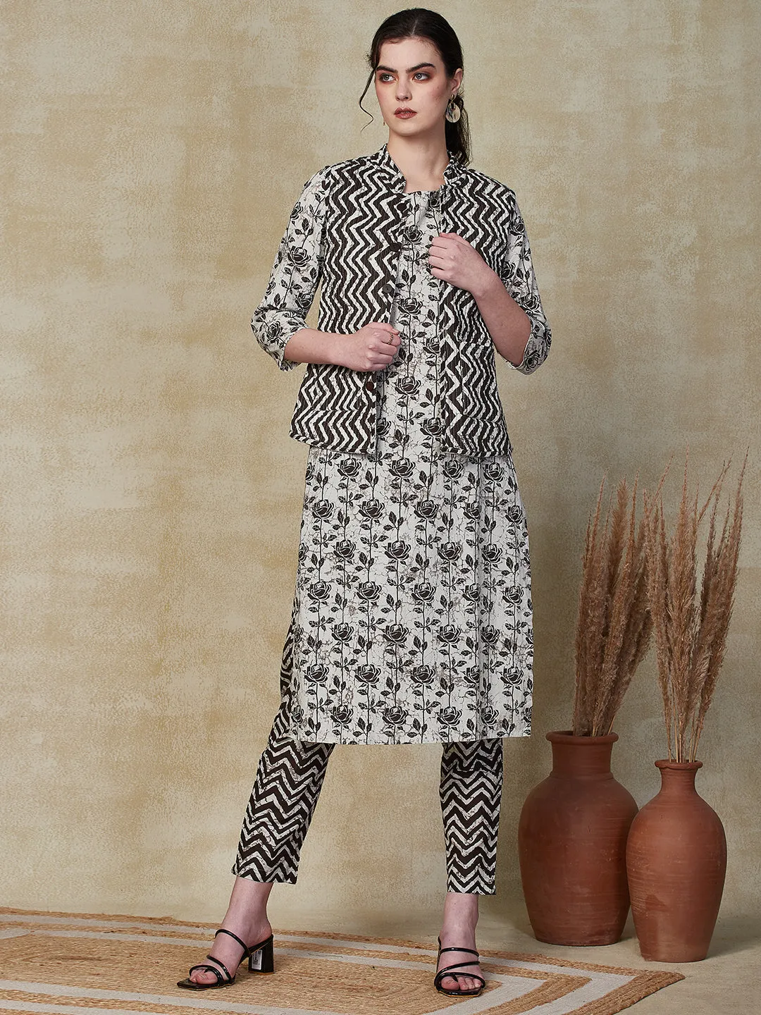 Ethnic Floral Printed Straight Kurta & Pant with Quilted Printed Jacket - Off White