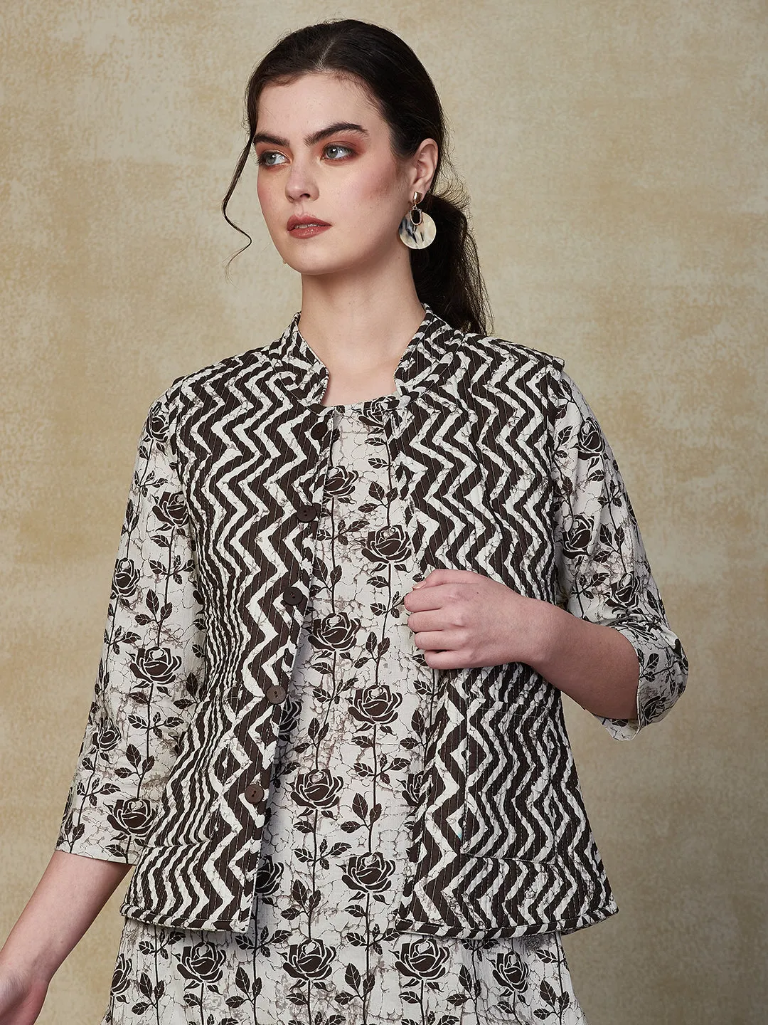 Ethnic Floral Printed Straight Kurta & Pant with Quilted Printed Jacket - Off White