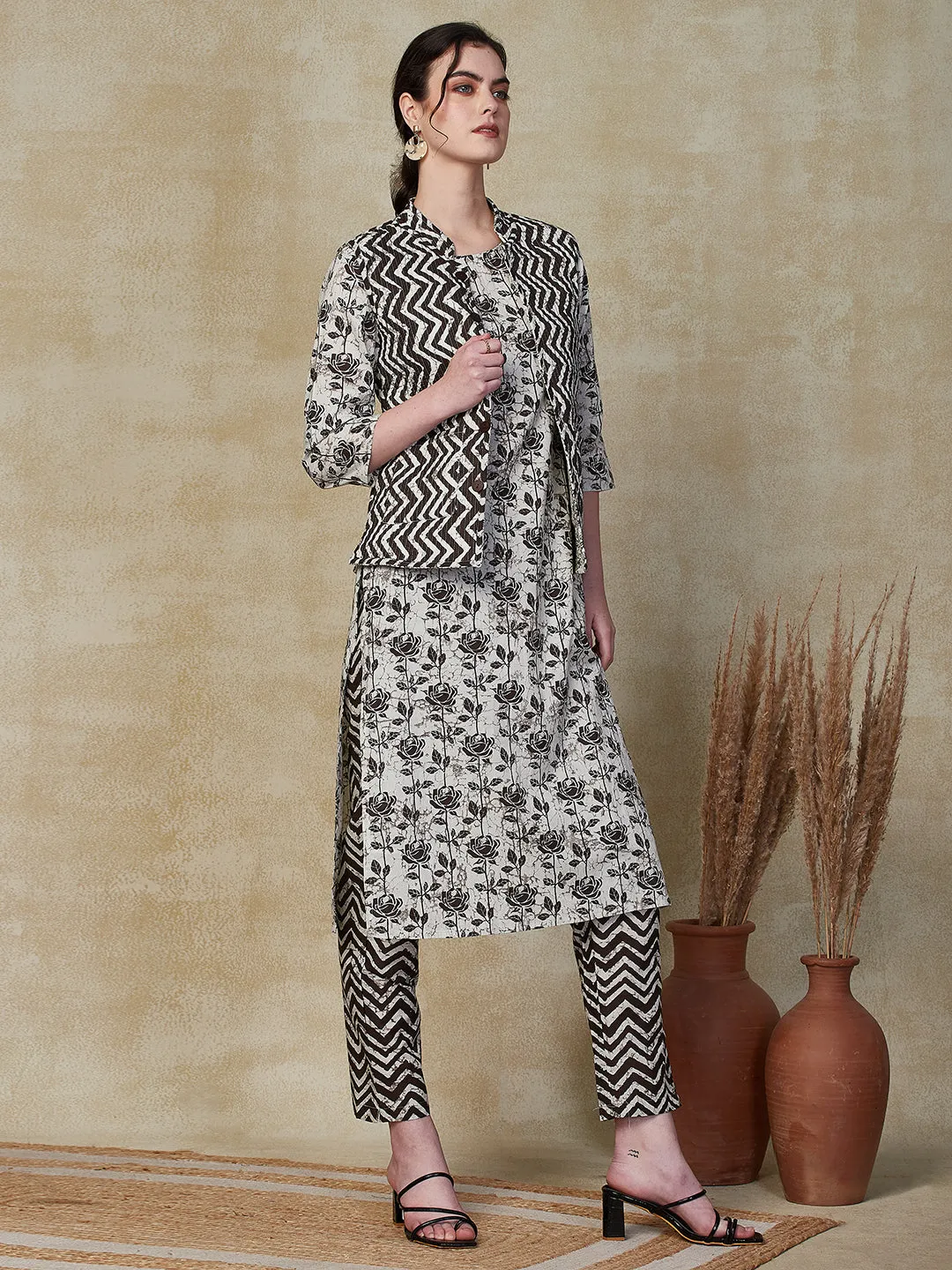 Ethnic Floral Printed Straight Kurta & Pant with Quilted Printed Jacket - Off White