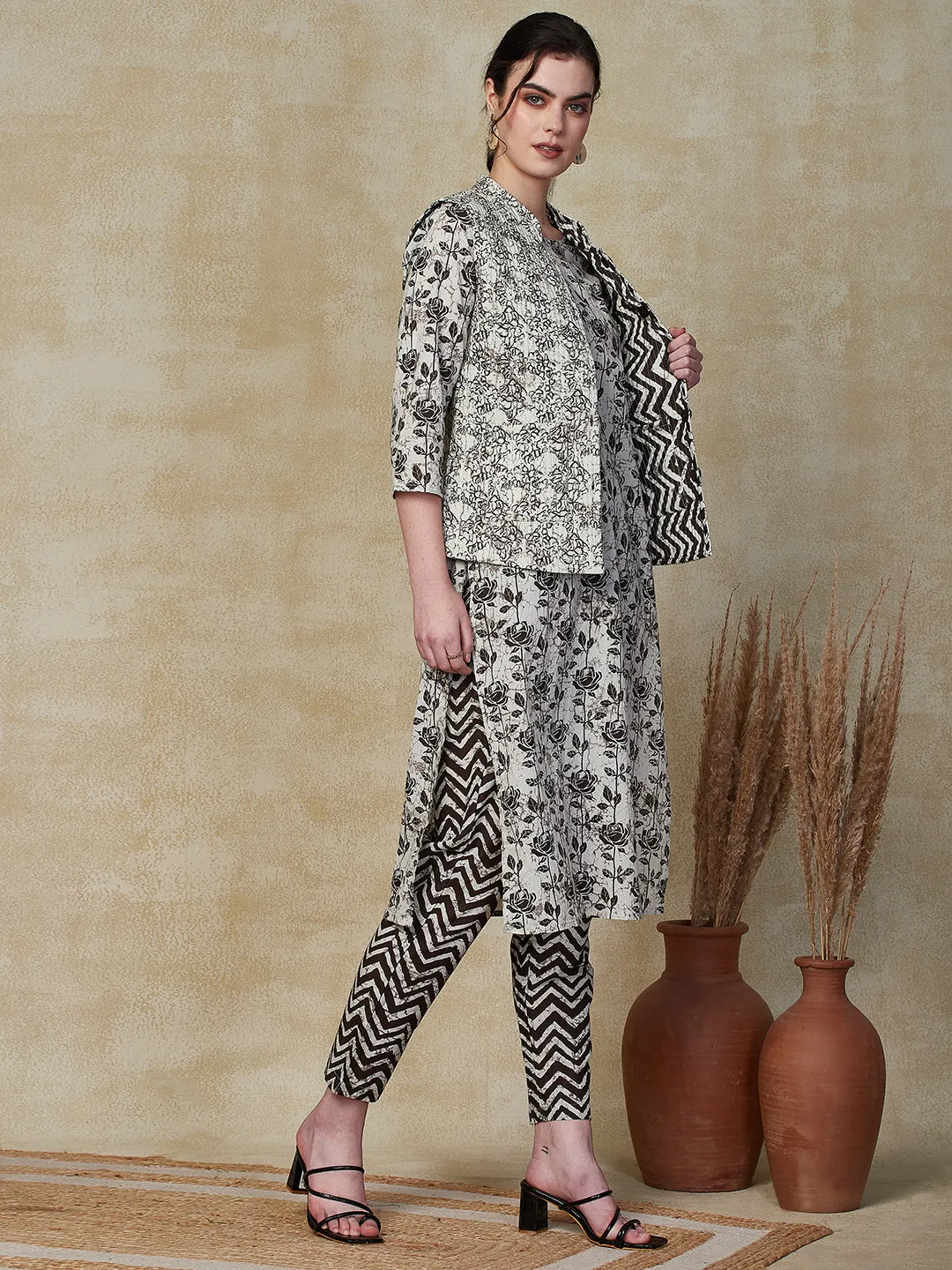 Ethnic Floral Printed Straight Kurta & Pant with Quilted Printed Jacket - Off White