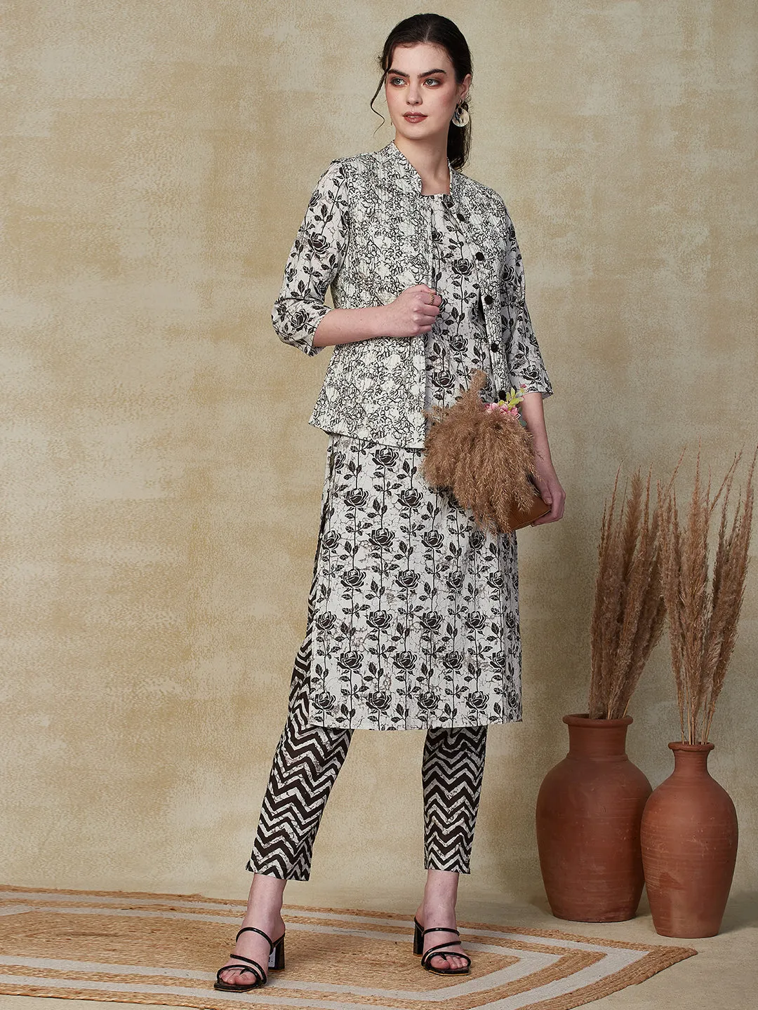 Ethnic Floral Printed Straight Kurta & Pant with Quilted Printed Jacket - Off White