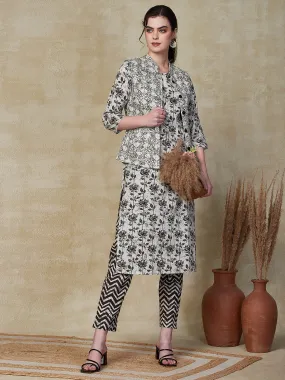 Ethnic Floral Printed Straight Kurta & Pant with Quilted Printed Jacket - Off White