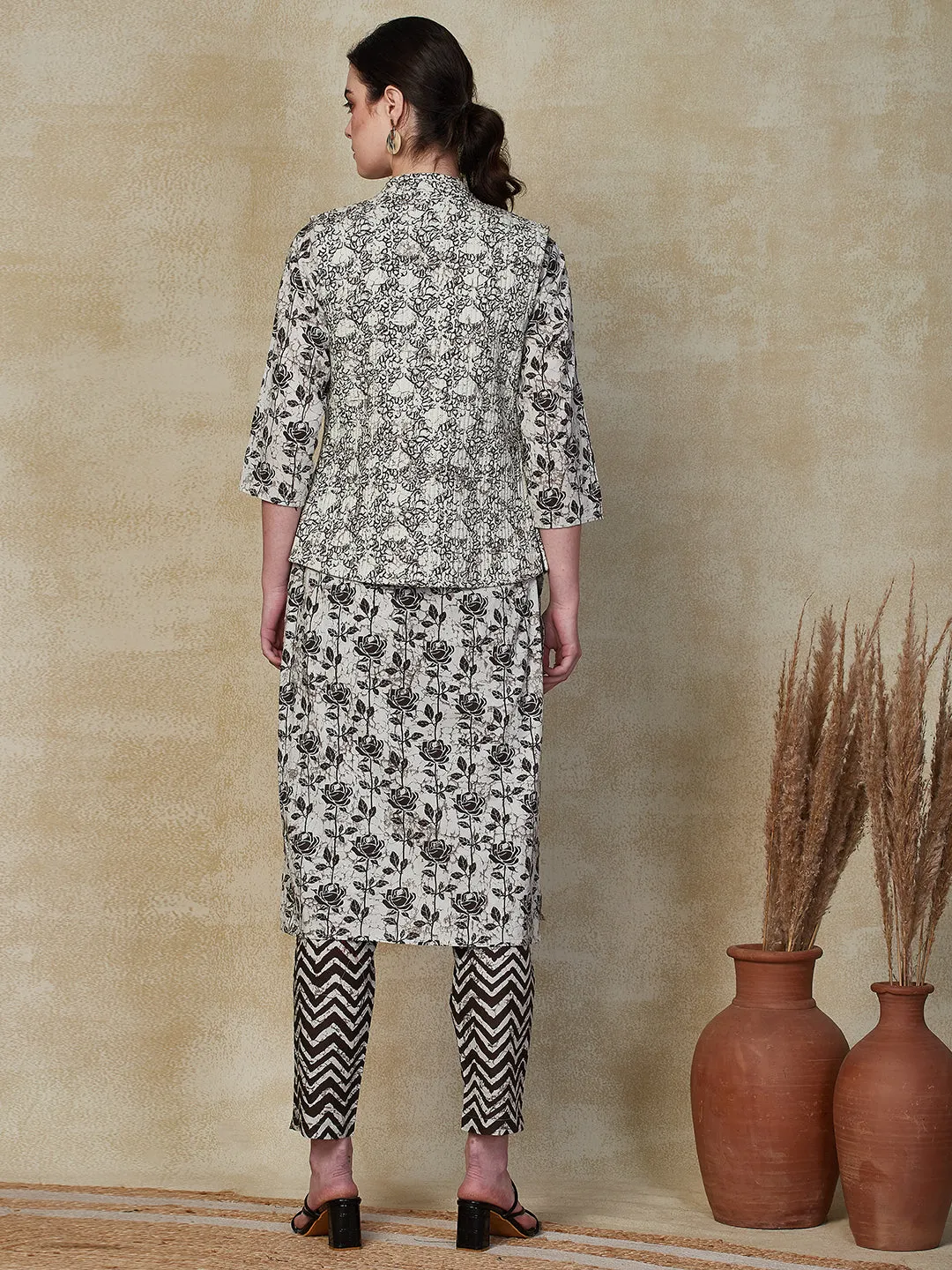 Ethnic Floral Printed Straight Kurta & Pant with Quilted Printed Jacket - Off White
