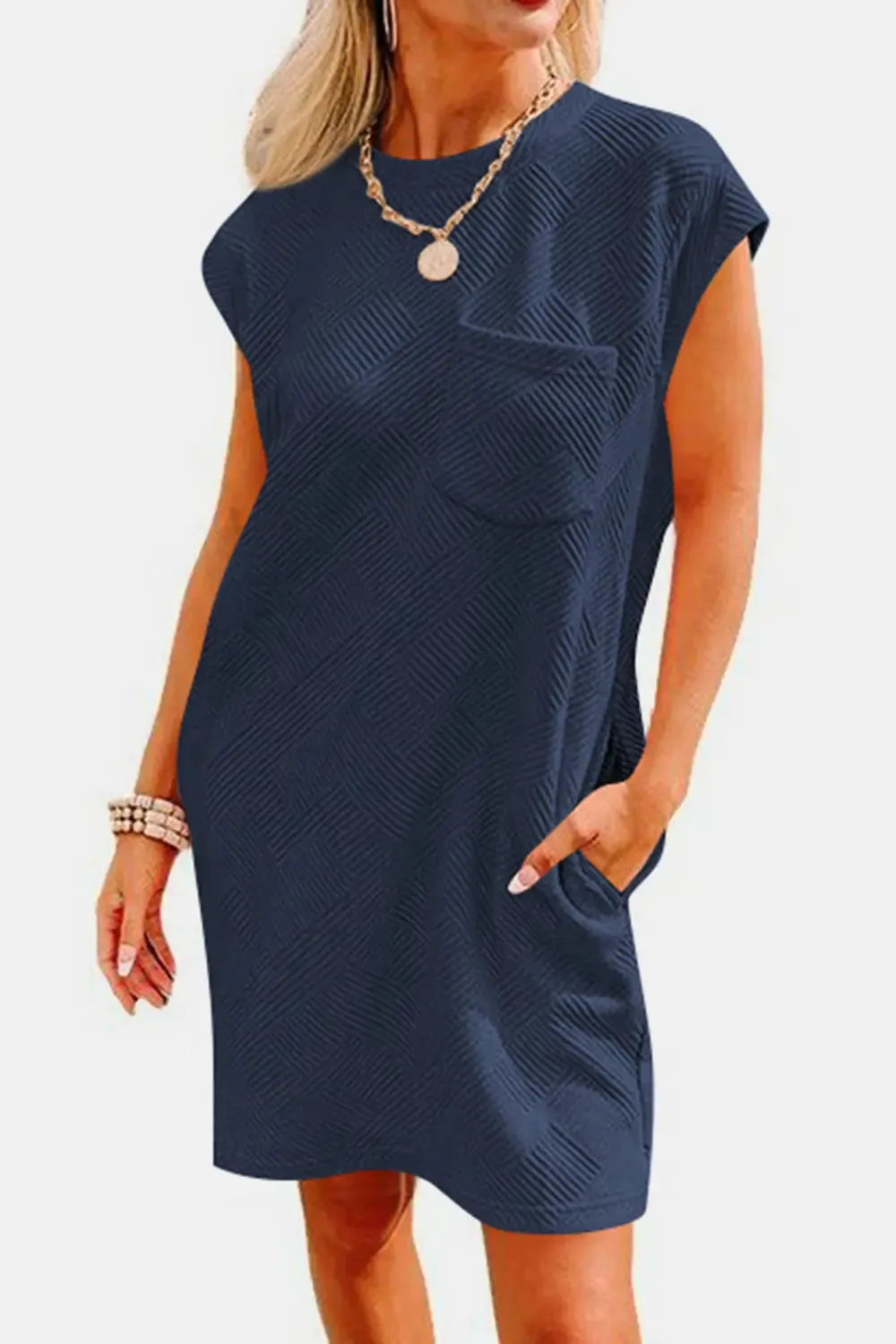 Fashion Women Dress Textured Round Neck Cap Sleeve Casual Dress
