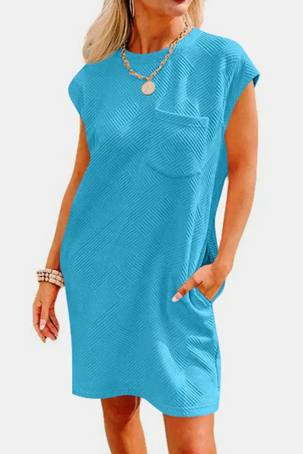 Fashion Women Dress Textured Round Neck Cap Sleeve Casual Dress