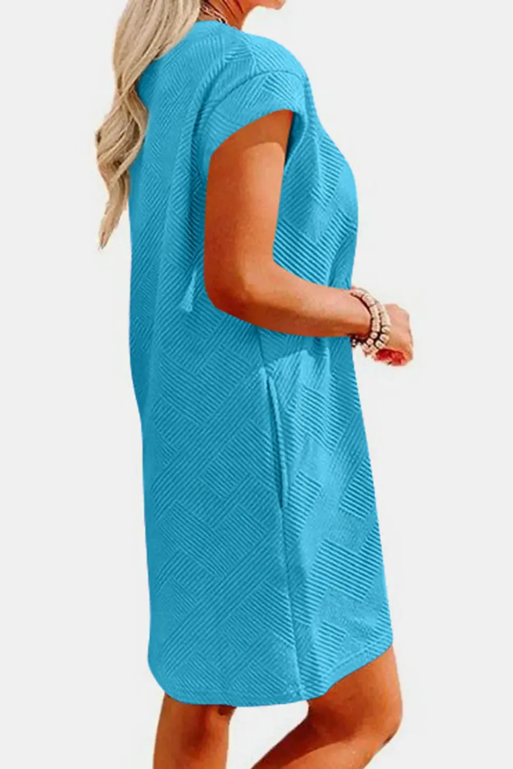 Fashion Women Dress Textured Round Neck Cap Sleeve Casual Dress