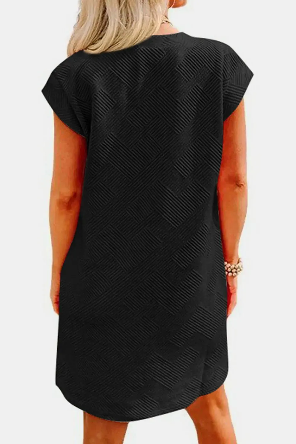 Fashion Women Dress Textured Round Neck Cap Sleeve Casual Dress